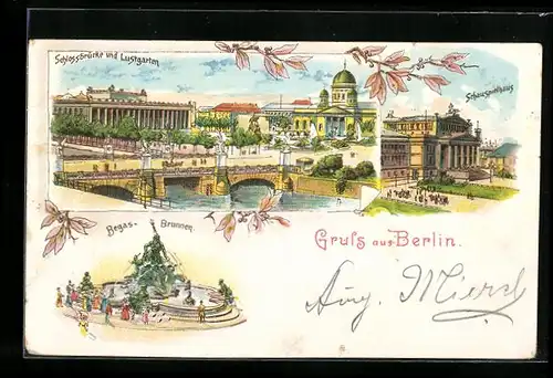 Künstler-AK Berlin, Schauspielhaus, Schlossbrücke und Lustgarten, Begas-Brunnen