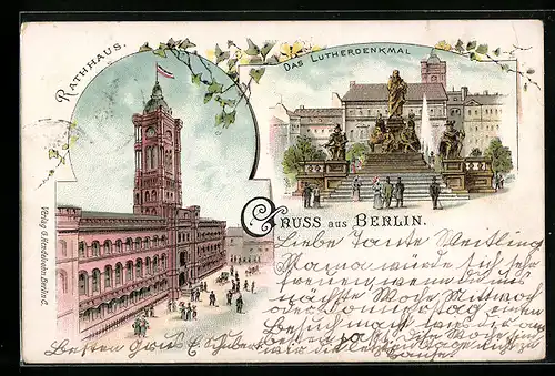 Lithographie Berlin, Königstrasse, Rathaus, Lutherdenkmal