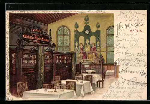 Lithographie Berlin, Gasthaus Franziskaner, Georgenstrasse, Bogen 5, Blick in den Gastraum