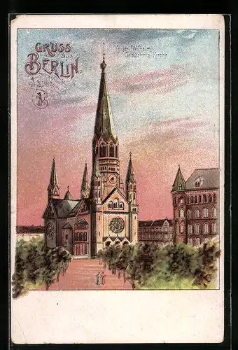 Lithographie Berlin-Charlottenburg, Kaiser-Wilhelm-Gedächtniskirche aus der Vogelschau, Wappen