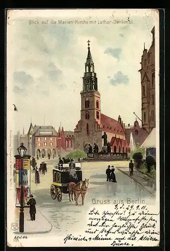 Lithographie Berlin, Neuer Markt mit Marienkirche und Lutherdenkmal