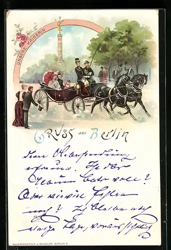 Lithographie Berlin-Tiergarten, Kutschfahrt der Kaiserin an der Siegessäule