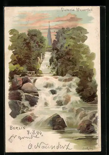 Lithographie Berlin-Kreuzberg, Ansicht vom Victoria Wasserfall