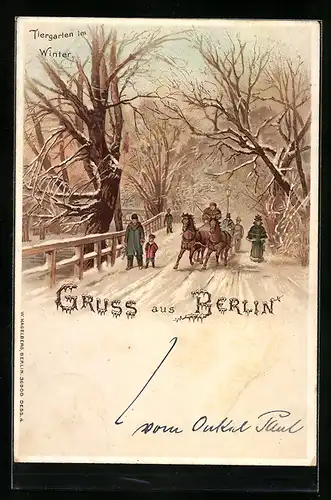 Winter-Lithographie Berlin-Tiergarten, Pferdekutsche u. Passanten im verschneiten Tiergarten