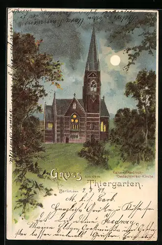 Lithographie Berlin-Tiergarten, Die Kaiser Friedrich-Gedächtniss-Kirche bei Nacht