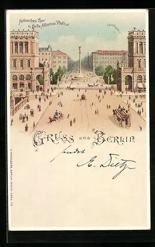 Lithographie Berlin-Kreuzberg, Hallesches Tor und Belle.Alliance-Platz