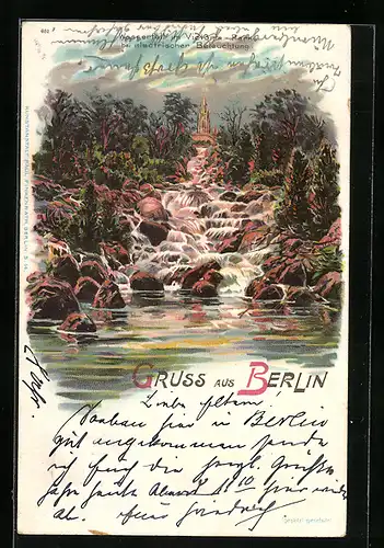 Lithographie Berlin-Kreuzberg, Wasserfall im Victoriapark bei Beleuchtung