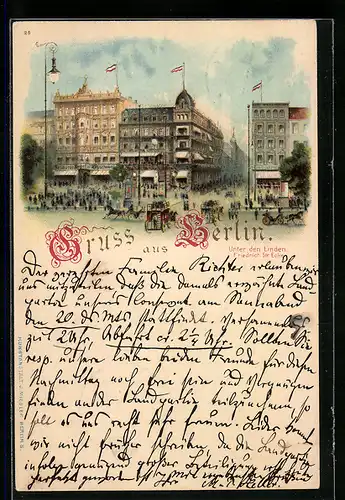 Lithographie Berlin, Unter den Linden, Ecke Friedrichstrasse, Ortspartie