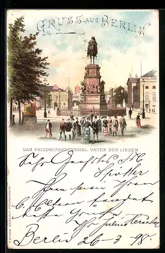 Lithographie Berlin, Unter den Linden, Blick auf das Friedrichsdenkmal