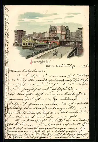 Lithographie Berlin, Jannowitzbrücke mit Eisenbahnzug und Strasse