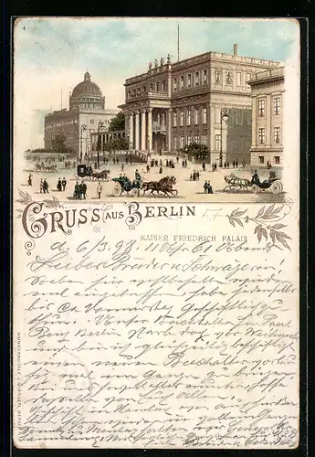 Lithographie Berlin, Kaiser Friedrich Palais mit Passanten und Kutschen