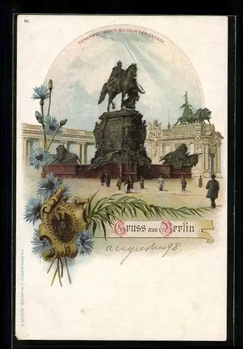 Lithographie Berlin, vor dem Denkmal Kaiser Wilhelm der Grosse, Wappen