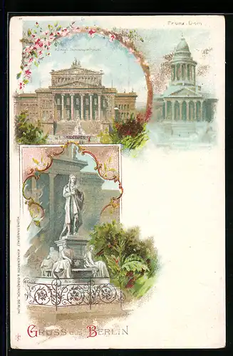 Lithographie Berlin, Schauspielhaus, Frz. Dom, Schillerdenkmal