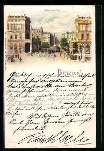 Lithographie Berlin-Kreuzberg, Hallesches Tor mit Strassse aus der Vogelschau