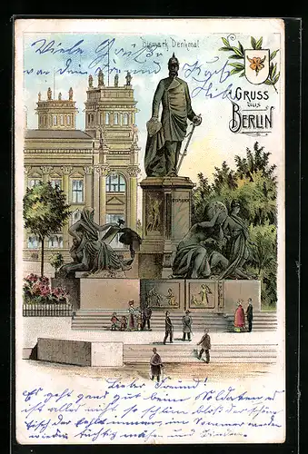 Lithographie Berlin-Tiergarten, Bismarck Denkmal vor dem Reichstag