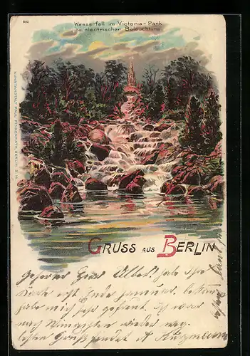 Lithographie Berlin-Kreuzberg, Wasserfall im Victoriapark bei Beleuchtung