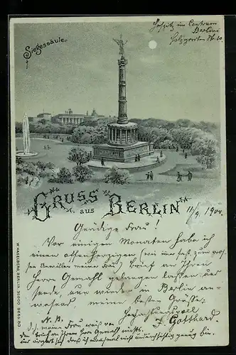 Mondschein-Lithographie Berlin-Tiergarten, Siegessäule mit Umgebung aus der Vogelschau