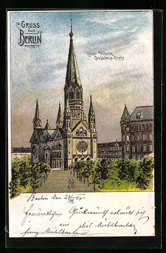 Lithographie Berlin-Charlottenburg, Kaiser-Wilhelm-Gedächtniskirche mit Anlagen aus der Vogelschau