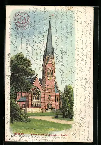 Lithographie Berlin-Charlottenburg, Kaiser-Wilhelm-Gedächtniskirche mit Zugangsweg