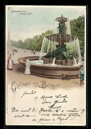 Lithographie Berlin-Tiergarten, Wrangelbrunnen & Sieges-Allee