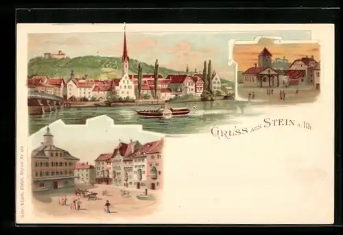 Lithographie Stein a. Rhein, Ortsansicht, Ortspartie, Marktplatz
