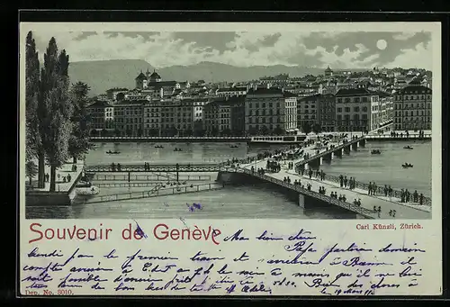 Mondschein-Lithographie Genève, Uferpartie mit Brücke