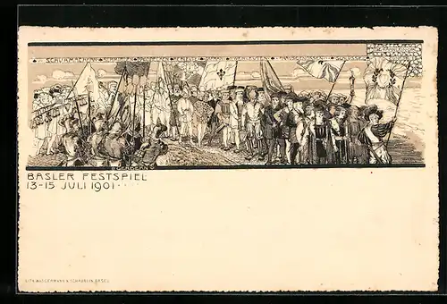 Lithographie Basel, Basler Festspiel, 13-15 Juli 1901, Die Fähnlein der Zünfte
