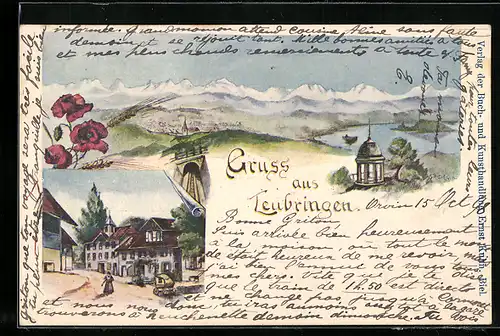 Künstler-Lithographie Leubringen, Ortsansicht und Strassenpartie