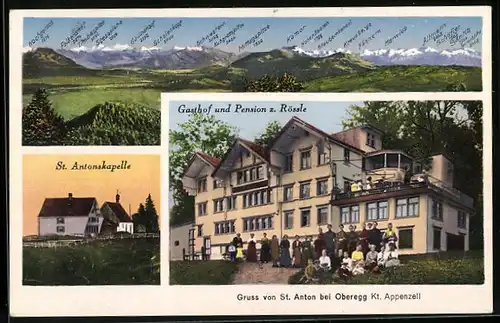 AK Oberegg /Appenzell, Gasthof und Pesnion z. Rössle, St. Antonskapelle, Panorama mit Kamor, Marwies & Säntis