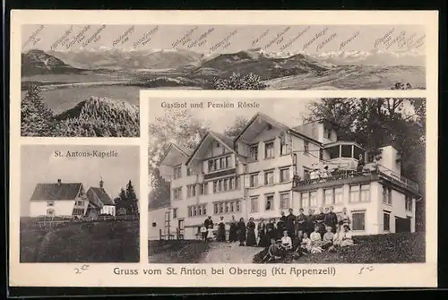 AK St. Anton, Gasthof und Pension Rössli, Alpenpanorama und Kapelle