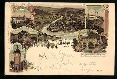 Lithographie Baden, Casino, Schartenfels, Schloss Stein, Stadt. Thurm