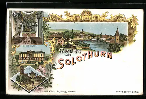 Lithographie Solothurn, Neues Museum, Basler Tor, Flusspartie