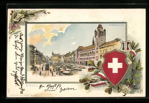 Passepartout-Lithographie Basel, Blick auf den Marktplatz, Schweizer Wappen
