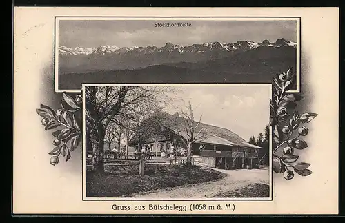 AK Bütschelegg, Gasthaus, Panorama mit Stockhornkette