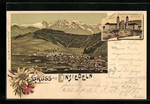 Lithographie Einsiedeln, Kloster Einsiedeln, Gesamtansicht