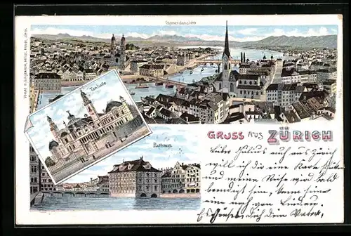 Lithographie Zürich, Generalansicht, Tonhalle, Rathaus