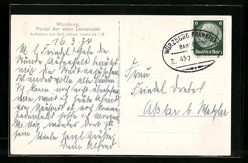 AK Bahnpoststempel Würzburg-Frankfurt, Zug 457