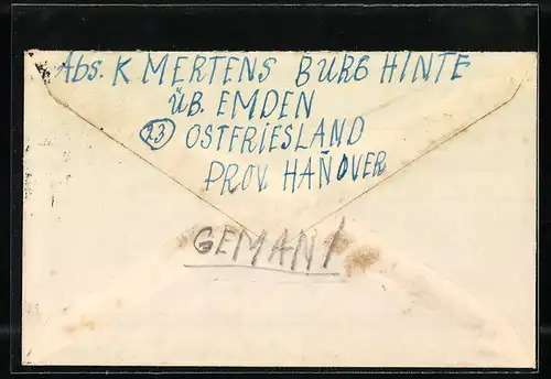 Briefumschlag Landpoststempel Hinte über Emden