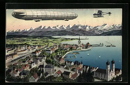 AK Friedrichshafen, Zeppelin-Luftschiff & Flugzeug über Neuer Uferstrasse