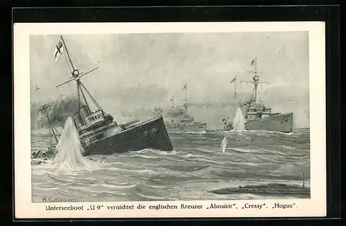 AK Unterseeboot U9 vernichtet die englischen Kreuzer Aboukir, Cressy und Hogue