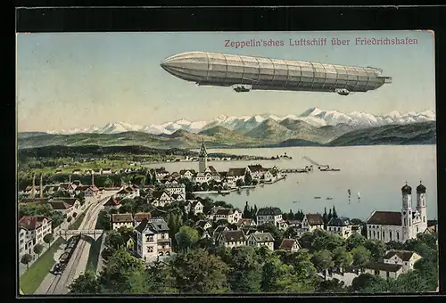 AK Friedrichshafen, Zeppelin`sches Luftschiff über der Stadt