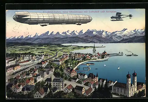 AK Friedrichshafen, neue Uferstrasse, Flugzeug, Zeppelin