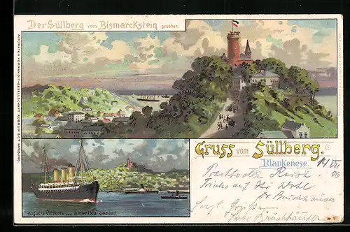 Lithographie Hamburg-Blankenese, Süllberg vom Bismarckstein gesehen, Dampfer Auguste Victoria auf der Elbe