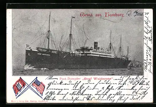 AK Post-Dampfer Graf Waldersee auf See