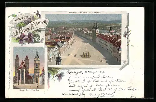 Lithographie Königgrätz / Hradec Kralove, Námestí aus der Vogelschau, Kostel sv. Ducha