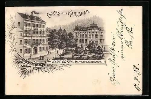 Lithographie Karlsbad, Haus Gotha in der Marienbaderstrasse