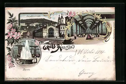 Lithographie Karlsbad, Sprudelcolonnade, Sprudel und Inneres