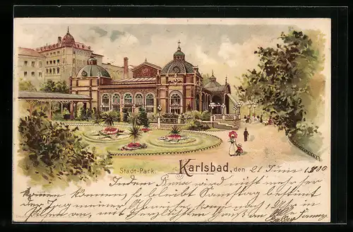 Lithographie Karlsbad, im Stadtpark