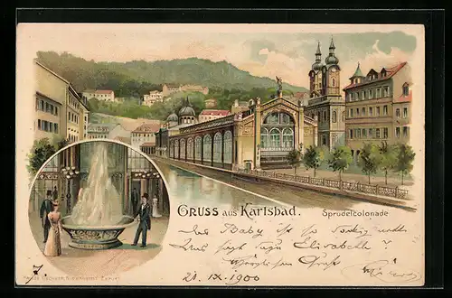 Lithographie Karlsbad, Blick auf Sprudelcolonade