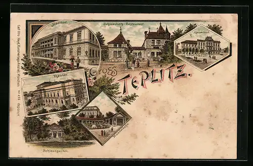 Lithographie Teplitz, Schlossberg-Restaurant, Kaiserbad, Stadtbad, Schlossgarten, Theater